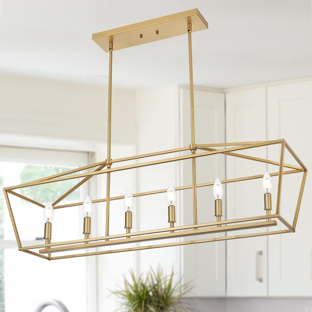 WINSHEN 6-Light Kitchen Island Lighting, Gold Linear Chandelier
